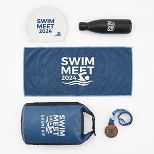 Kit événementiel personnalisé : Coffret cadeau avec bonnet de bain en silicone, serviette à séchage rapide, sac étanche, médaille et bouteille - Product Image 2