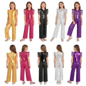 Costume de danse pour filles avec pantalon palazzo à paillettes, ensemble 2 pièces, haut à franges brillant, pour enfants, danse latine, jazz, spectacle, compétition - Product Image 1