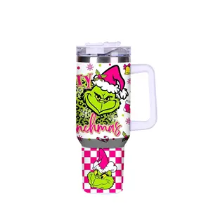 Modern 40oz Stainless Steel 304 Travel Car Mug Low Price Christmas Grinch Design with Handgrip Straw Lid for Back to School