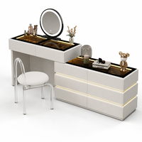 Ensemble de coiffeuse moderne blanc crème avec miroir LED et éclairage réglable trois couleurs, meuble de rangement pour chambre et salle de bain