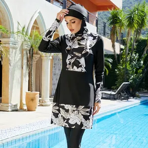 2022 새로운 디자인 burkini 유행 이슬람 수영복 꽃 인쇄 3pcs hijab 수영 착용 muslimah 수영복
