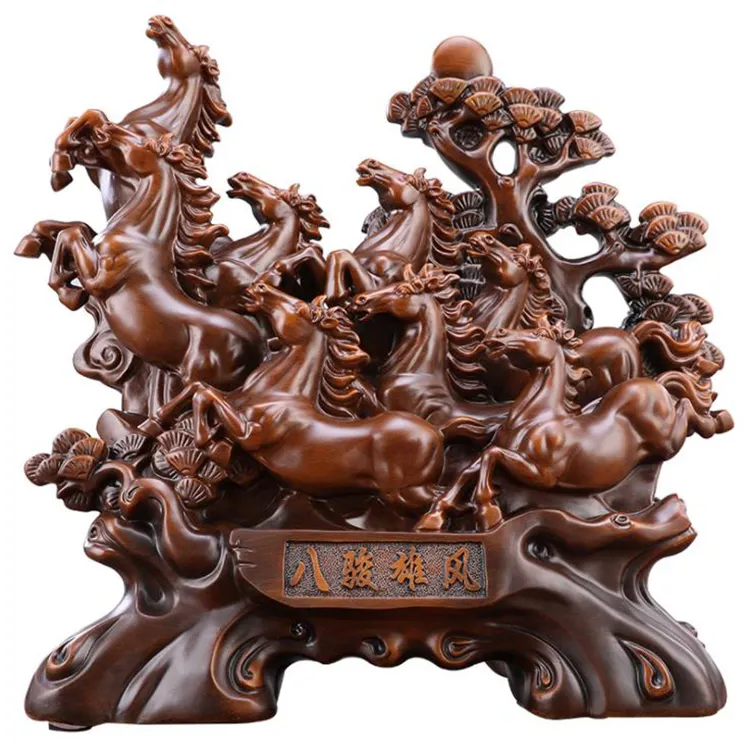 Fengshui cavalo resina grande imitado madeira oito cavalo estátua
