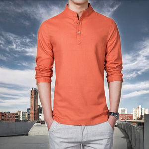 Chemises Henley décontractées pour hommes, coupe ajustée, avec poches, col montant, manches longues, boutonnées, en coton/fibre de bambou tissé, imprimées, anti-plis - Product Image 3