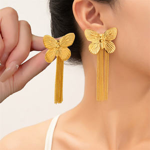 أقراط نسائية كبيرة على شكل فراشة من الفولاذ المقاوم للصدأ مع شراشيب، إكسسوارات مقاومة للماء، مجوهرات أنيقة للنساء - Product Image 1