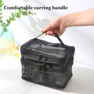 Sacs de beauté professionnels noirs personnalisés à la mode, petits sacs de rangement en cuir PVC avec fermeture éclair en maille, organiseur de maquillage tendance - Product Image 2