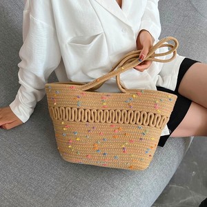 กระเป๋าโท้ทสตรี ทรงวงรี ทอจากฟาง สไตล์โบฮีเมียน สีเบจ ลายจุดสีน้ำตาล ความจุขนาดใหญ่ ใช้ได้ทุกวัน ฤดูใบไม้ร่วง 2023 - Product Image 3