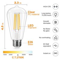 Bombilla LED de Filamento Largo St58Pc de 6W, 2700K, Estilo Retro, Anti-Caída, Alta Transparencia, Control Remoto, Regulable