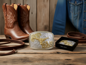 Boucle de ceinture de style western ronde et carrée de 5,0 cm en argent avec placage or - Product Image 2