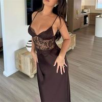 Robe longue sans manches en dentelle patchwork pour femme, dos nu, épaules dénudées, transparente, col en V, coupe ajustée, style maxi, collection 2026, robe de vacances pour femme