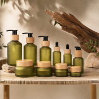 Botol Kaca Hijau Zaitun Berbentuk Miring 30 ml 60 ml 100 ml 200 ml Botol Kosmetik dan Stoples Kaca 30 gr 50 gr dengan Tutup Bambu