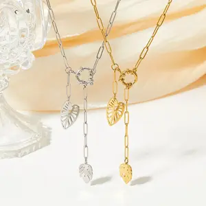 High Polishing Sweater Chain Leaves Tassel Necklace Jewelry Waterproof Stainless Steel Hollow Leaf Pendant Necklace For Women