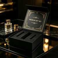 Boîte cadeau rigide noire magnétique style livre, impression logo feuille d'or, insert en mousse floquée personnalisé pour ensemble cosmétique et soins de la peau, vente en gros