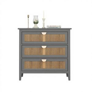 Meuble américain à 3 tiroirs en rotin naturel gris/vert pour chambre à coucher, salon, bureau - Product Image 1