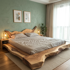 Luxury Midcentury Modern Suar Slab Wood <b>Platform</b> <b>Bed</b> Solid Teak Live Edge <b>Bed</b> <b>Frame</b> Natural Bedroom Furniture Indonesia - Product Image 2