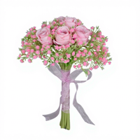 Bunga Artifisial Grosir untuk Pernikahan, Mawar dan Babys Breath, Buket Bunga Buatan Ikat Tangan, Hari Valentine