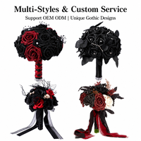 Bouquet de mariée artificiel gothique pour Halloween avec roses en satin noir et décorations en strass, idéal pour mariage, cosplay, fête, photo, fleur artificielle