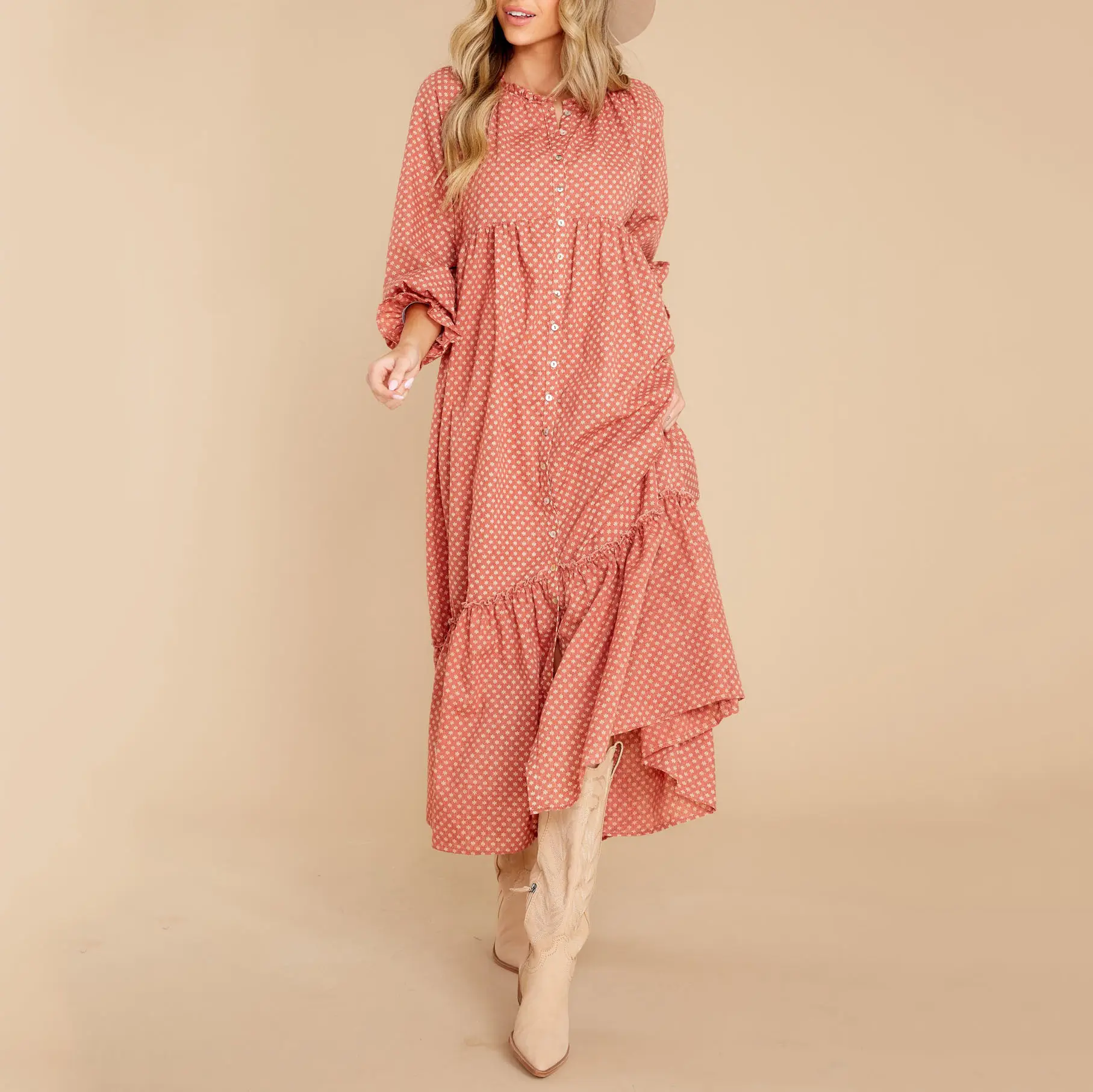 New Ladies Autumn Extra Long Ladies Shirt Dress manica lunga O collo Casual Rust Dot Print Maxi Dress