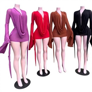 C0222-Nuovo Abito Sexy Mini Bodycon Trendy con Scollo a V Profondo, <span class=keywords><strong>Maniche</strong></span> <span class=keywords><strong>Lunghe</strong></span> in Rete e Schiena Scoperta per Donna, Stile Streetwear - Product Image 1