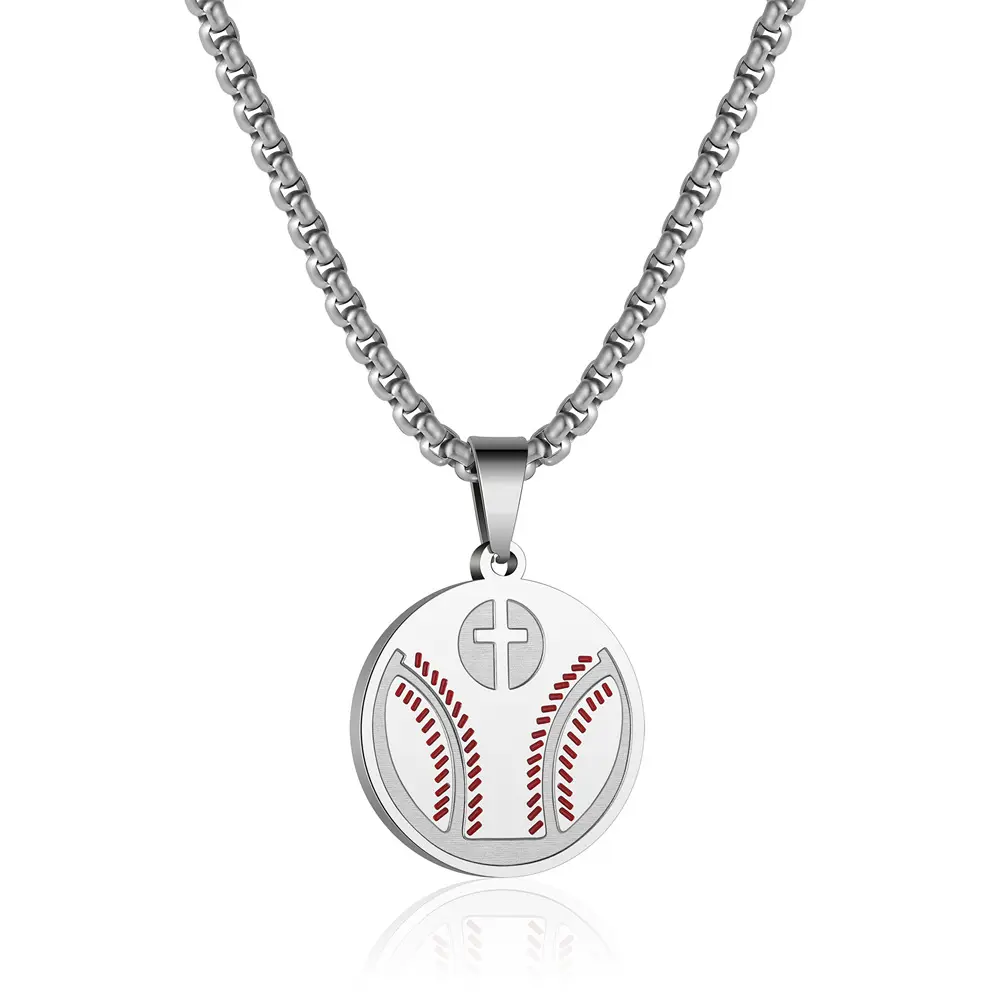 Colgante redondo de Cruz de béisbol de acero inoxidable, medalla de tenis para collar, versículos bíblicos, joyería deportiva religiosa