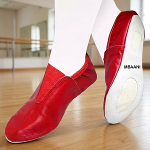 MBAANI Zapatos de baile de jazz y ballet de cuero genuino para mujer, con correa elástica roja, planos - Product Image 2