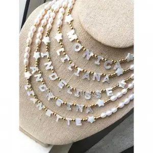 NM42403 Custom Name Necklace Genuine Pearls And Mothers Pearls Star Gold Plated Beaded Pearl Chain Letter Name Necklace