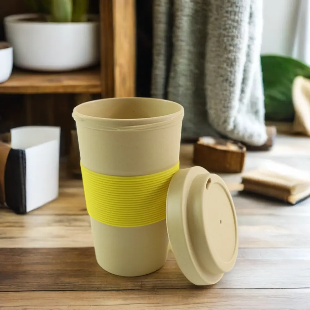 Eco-Friendly Bamboo Fiber Coffee and Tea Cup Classic Design with Lid and Sleeve Rice Husk PLA Takeaway Mug No-Leakaging