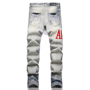 Factory Wholesale Customized Brand Logo High Quality Amiriy Distressed Patch Embroidered Stretch Skinny <b>Jeans</b> for Men - Product Image 3