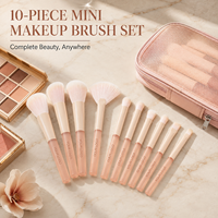 Ensemble de 10 pinceaux de maquillage de voyage miniatures avec logo personnalisé, pochette à fermeture éclair rose, kit de pinceaux cosmétiques portable