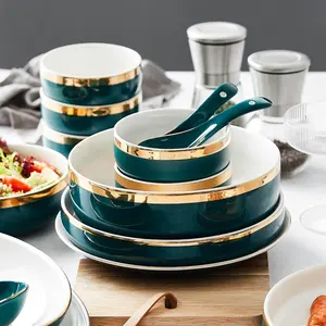 Custom Nordic Green with gold rim Ceramic Dinner Plate Fish Plate Bowl Set Tableware Restaurant Home Porcelain Dinnerware Set