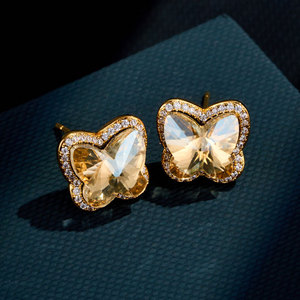 Butterfly Stud <b>Earrings</b> Champagne Gold Zirconium Inlay Party Fashion Jewelry 925 Silver <b>Post</b> EA14714 - Product Image 1