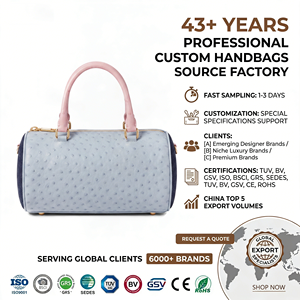 Dusty Blue Ostrich Embossed Barrel Bag Customized Elegant Navy PU Body Pink Handle Shoulder Bag Ladies Handbag OEM Custom - Product Image 1