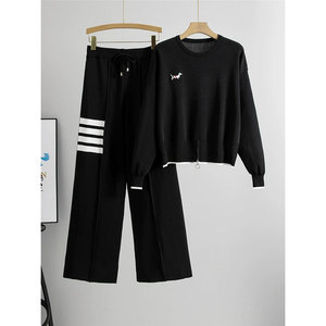 Ensemble tricoté 2 pièces tendance pour <span class=keywords><strong>femme</strong></span>, style européen <span class=keywords><strong>automne</strong></span> 2026, pull décontracté sportif et pantalon ample à jambes larges, <span class=keywords><strong>tenue</strong></span> chic - Product Image 2
