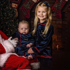 Ensemble de pyjamas en velours <span class=keywords><strong>bleu</strong></span> marine à volants pour Noël, pyjamas pour enfants, pyjamas brodés pour couple, robe de nuit, masque pour les yeux assorti, nœud 2026 - Product Image 6