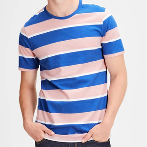 Men's Striped Short Sleeve O-Neck T-Shirt Regular Fit Casual Knitted Blue Pink <b>White</b> Patterned Top - Product Image 6