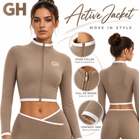GH Wholesale Veste de sport et yoga à manches longues, col montant, fermeture éclair, coupe sculptante, couleur contrastante, pour la course et les activités sportives