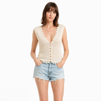 Gilet en tricot pour femme avec logo personnalisé, sans manches, col en V, couleur unie, mode décontractée, été, printemps, polyester, usine OEM et ODM