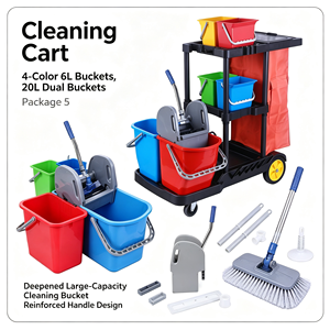 Chariot de nettoyage commercial pour hôtelier avec seaux amovibles, cadre de récupération des déchets, étagère multi-niveaux et roulettes silencieuses - Product Image 4