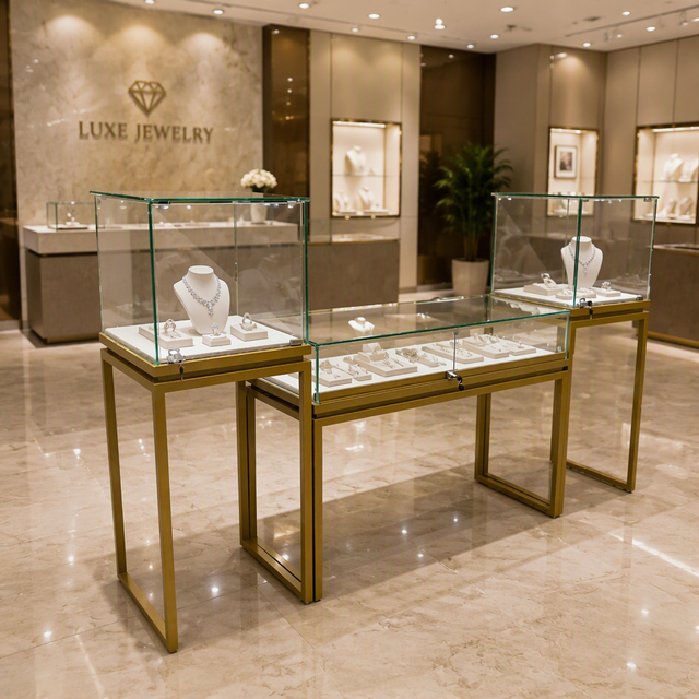 Custom Design Stainless Steel Jewelry Showcase Counter Mall Display Cabinet LED Lighting Eco-Friendly Customizable Dimensions