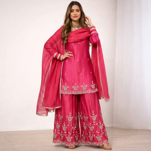 Pink Silk Salwar Kameez With Embroidery Loose Fit <b>Ankle</b>-Length Traditional Indian Pakistani Women's Wedding Wear - Product Image 1