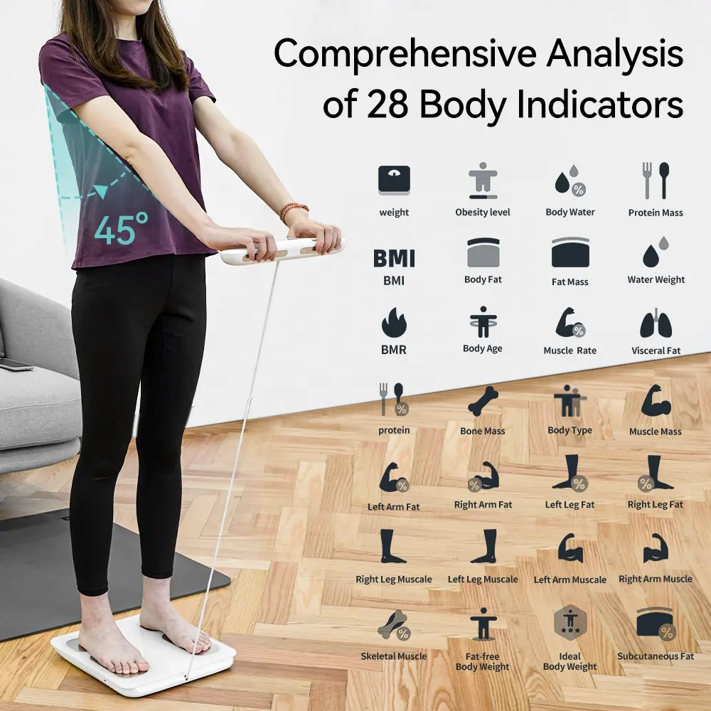 8 इलेक्ट्रोड के साथ स्मार्ट पूर्ण शरीर 3d वजन वसा विश्लेषण वजन पैमाने बीएमआई डेटा एप्लिकेशन