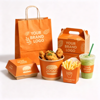 Serie de Empaques Personalizados para Comida Rápida con Bolsas de Papel de Grado Alimenticio, Caja para Hamburguesas, Caja para Papas Fritas y Vaso para Café