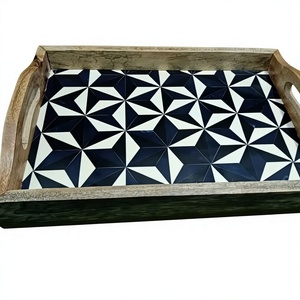 Plateau en bois artisanal Regal Craft avec incrustations en os et en résine, pièce de service rectangulaire de qualité supérieure pour la présentation contemporaine de collations - Product Image 1