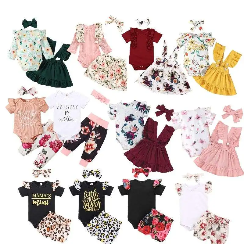 New Arrival Newborn Baby Girls Clothes 3Pcs Infant Ruffled Long Short Sleeve Romper Pants Dress Set Outfits