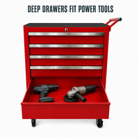 Chariot à outils en acier thermolaqué à 5 tiroirs, armoire à outils roulante rouge, 3 tiroirs peu profonds, 2 tiroirs profonds verrouillables, rangement mobile pour garage