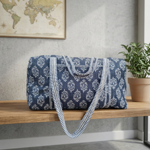 Blue Cotton Printed Quilted Weekender Duffel <b>Bag</b> <b>Large</b> Capacity Zipper Closure Travel <b>Bag</b> <b>Beach</b> Boho Weekender Duffel <b>Bags</b> - Product Image 3