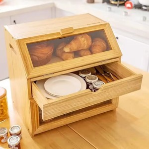 Bamboo Bread <b>Box</b> With <b>Drawers</b> And Transparent Window Kitchen <b>Storage</b> For Freshness Preservation - Product Image 3