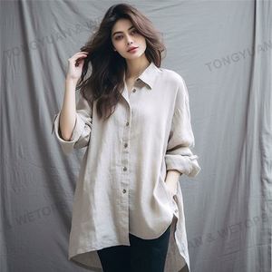 Ropa personalizada Camisas de gran tamaño Ocio Lino Solapa Camisas Botón superior Delgado Suelto Camisa de manga larga de gran tamaño Blusas de las mujeres - Product Image 4