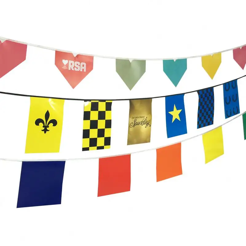 विज्ञापन बैनर और झंडे प्लास्टिक बंटिंग आपूर्तिकर्ता प्रमोशन त्रिकोण ध्वज पेनांट बैनर आसान स्थापित ऑक्सफोर्ड कपड़ा
