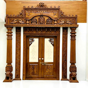 Compre una Puerta de Templo Hindú de Madera de Teca Tallada a Mano con Acabado Antiguo, Puerta Doble Hecha a Mano para Sala de Pooja - Product Image 2