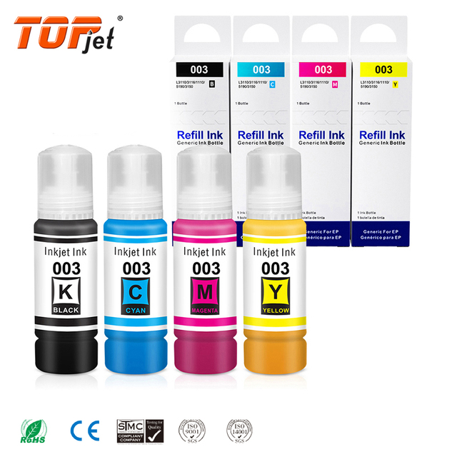 Topjet 003 T003 Ink Refill Kit Compatible Inkjet Tinta Bottle Dye Refill Ink for Epson Eco Tank L3110 L1110 L3100 L3250 Printer